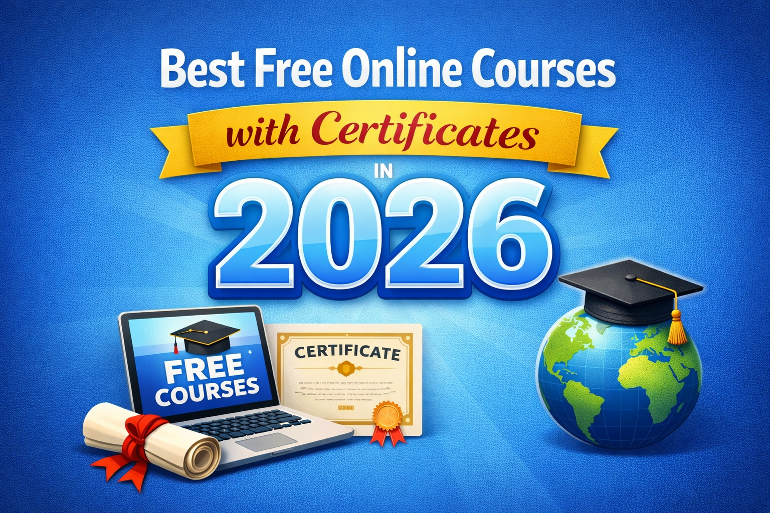 Best Free Online Courses with Certificates in 2026 banner featuring a clean blue gradient background, bold title text, “2026” highlighted in large font, and minimal icons like a laptop showing “Free Courses,” a certificate, and a graduation cap symbolizing online learning and certification.
